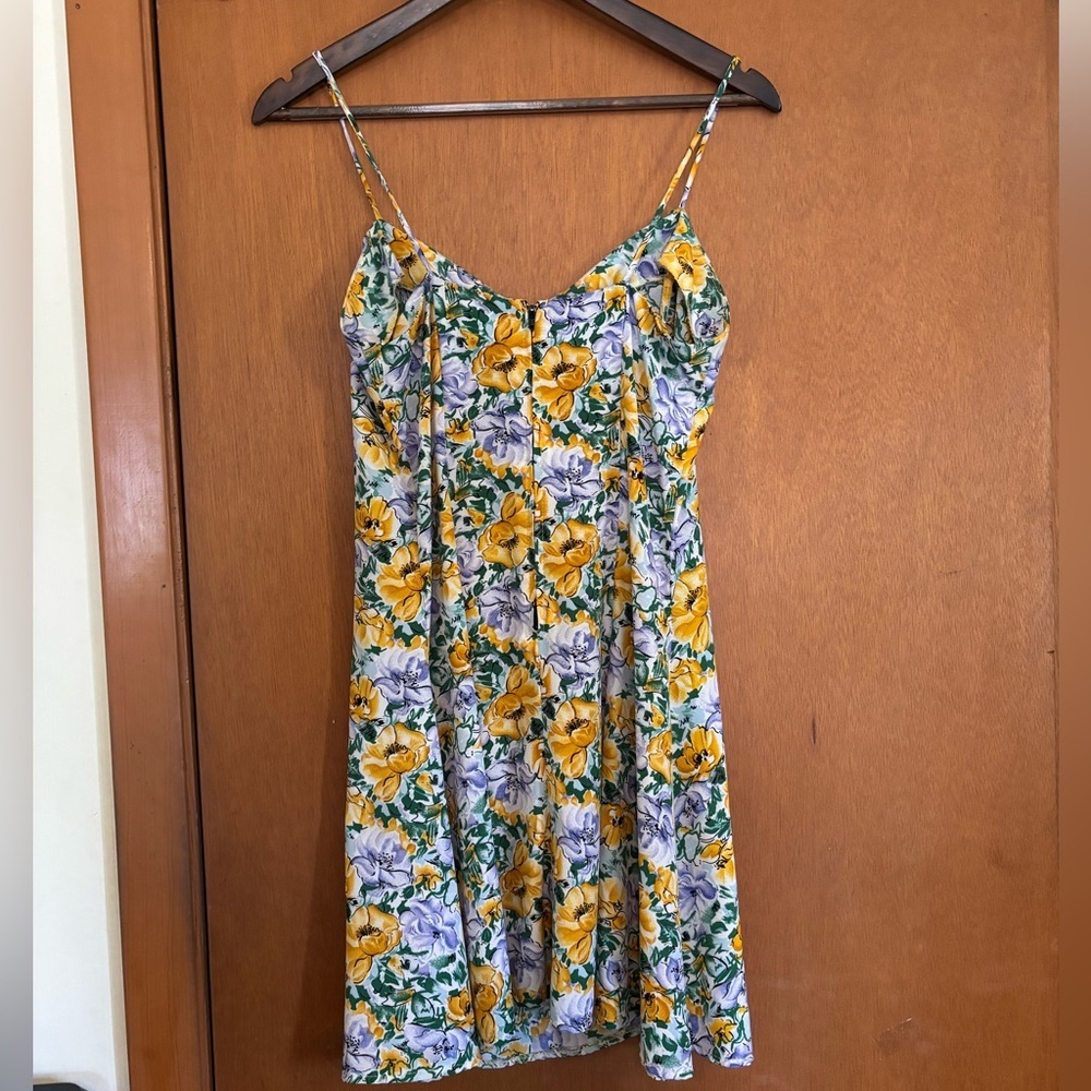 Elan USA Vintage Floral Mini Sundress Yellow Purple Rayon Spaghetti Strap Large